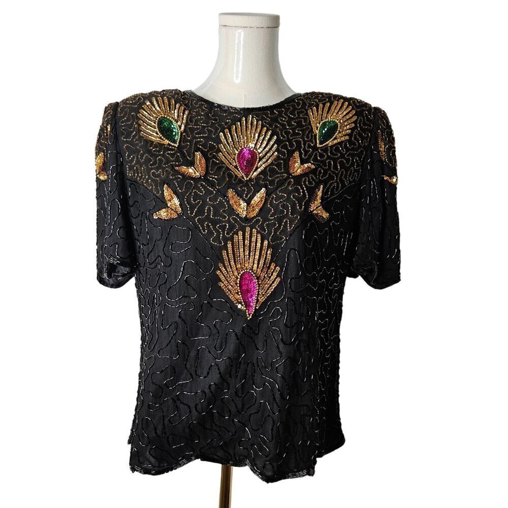 Vintage Denise Elle Black Silk Blouse Peacock Sequins‎ Bling Holidays Party Top